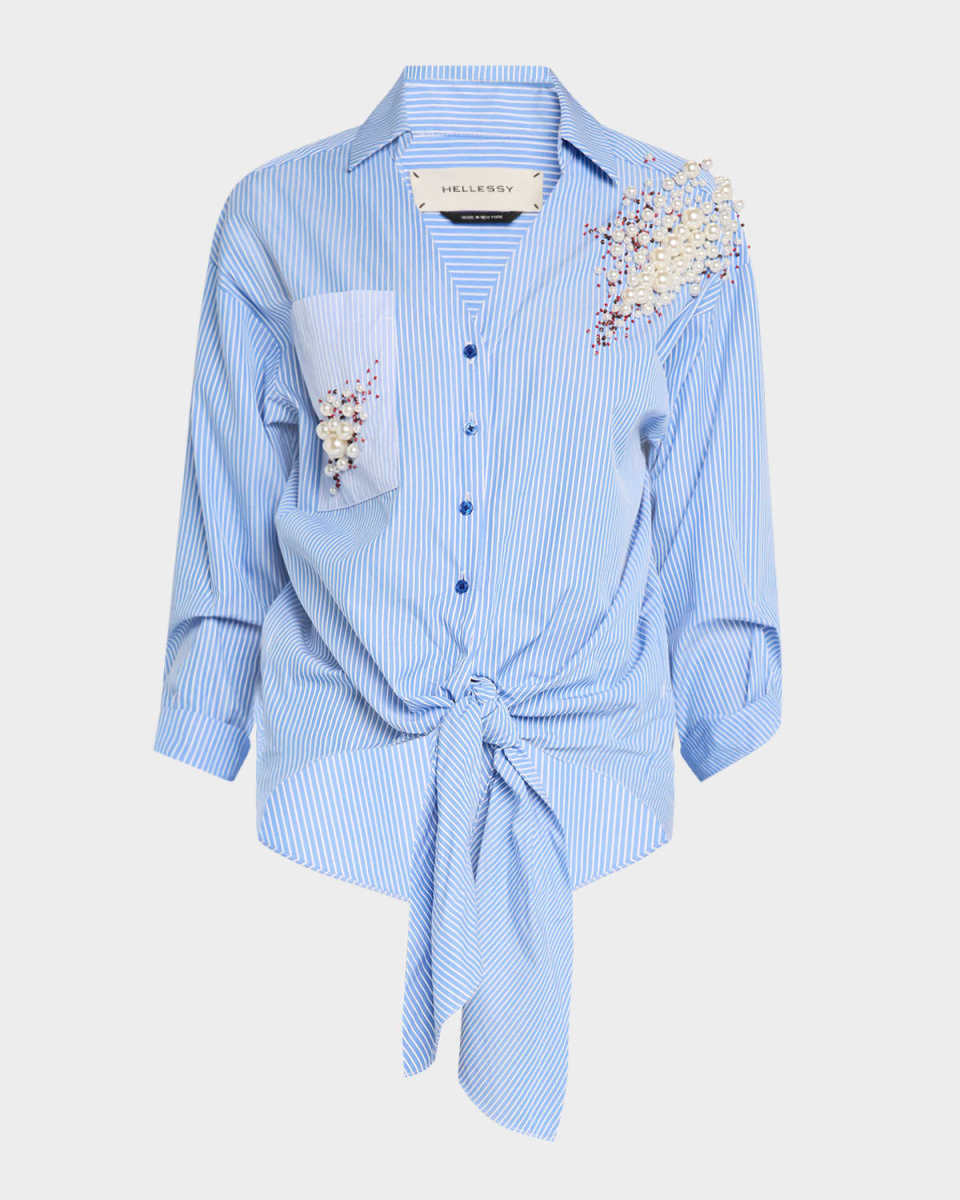Tina Beaded Tie-Front Button-Down Shirt